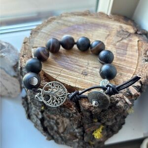 Handmade | Unisex Black Banded Onyx Gemstone Ohm Tree Charm Bracelet